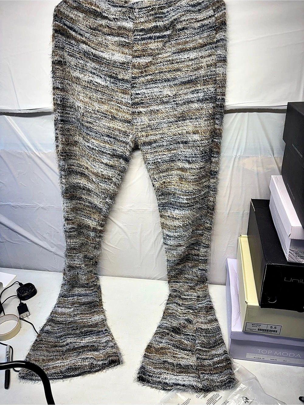 Striped Flare Pants in Gray & Brown Size Large